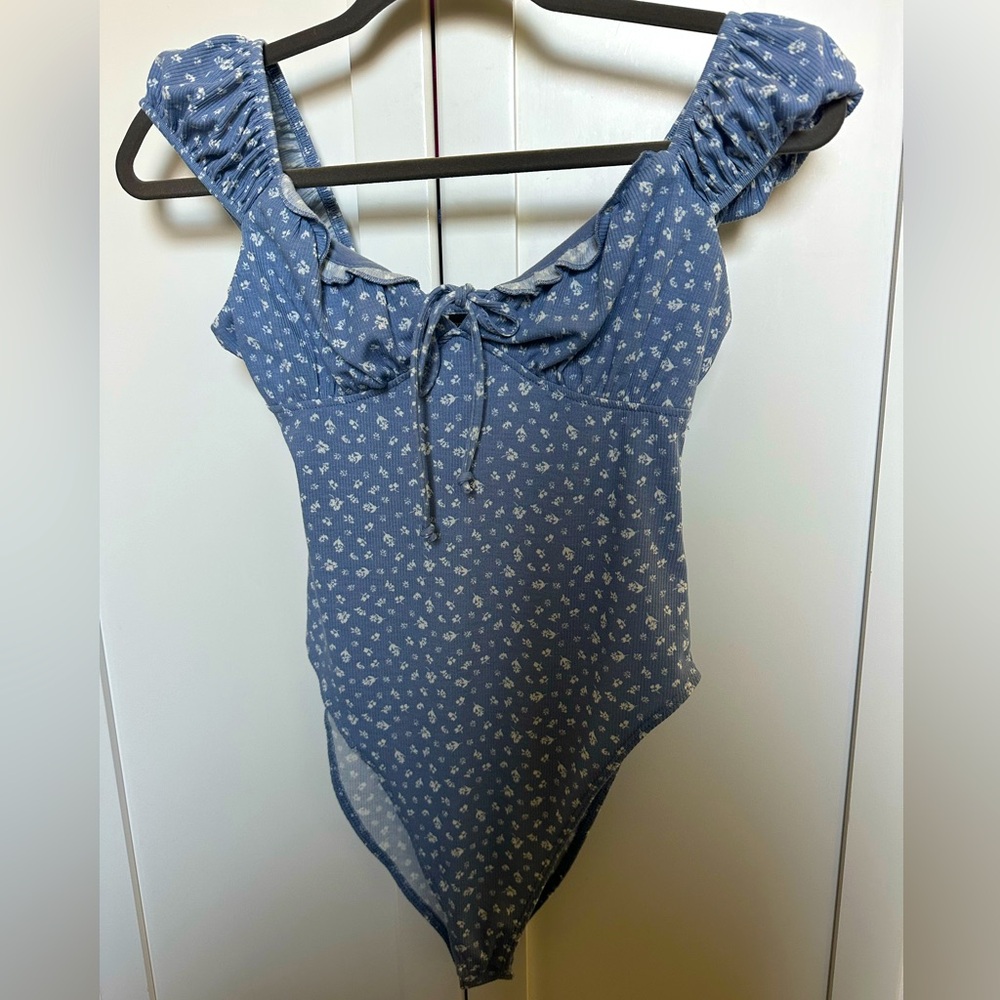 Blue Floral Ruffle Bodysuit